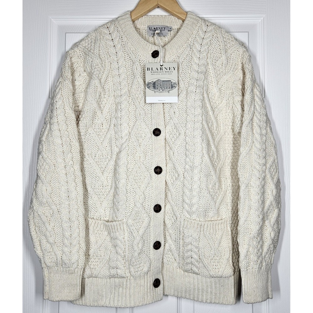 Blarney Woollen Mills Ireland 100% Merino Wool Fisherman Cardigan Sweater M NWT